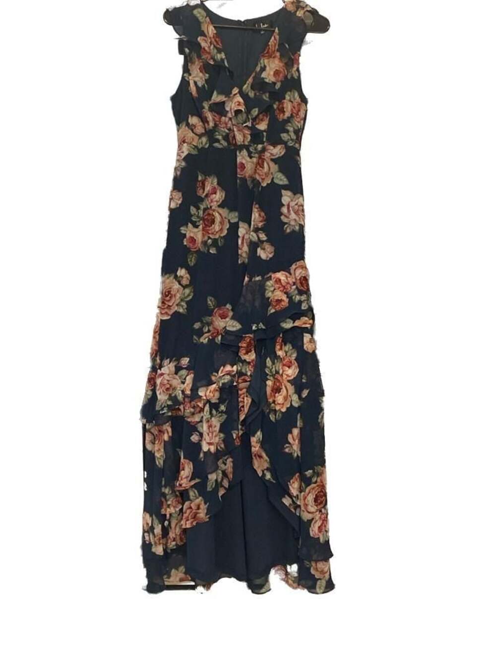Lulus Women’s Small Cascading Crush Teal Floral Print Tiered Ruffled Maxi Dress